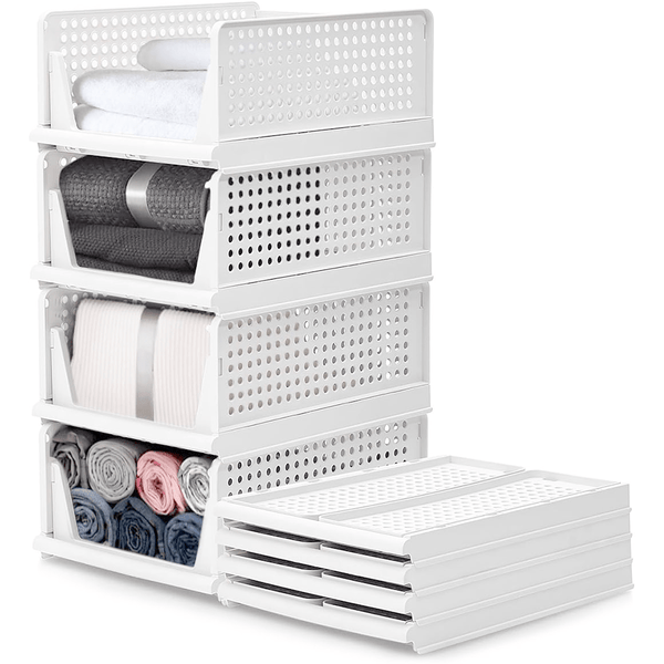 4 Pack Stackable Folding Clothing Storage Basket Drawers Wardrobe Closet Organizer Plastic Clothes Partition Shelf Stackable Hamper Bathroom, Bedroom, Office