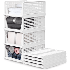 4 Pack Stackable Folding Clothing Storage Basket Drawers Wardrobe Closet Organizer Plastic Clothes Partition Shelf Stackable Hamper Bathroom, Bedroom, Office