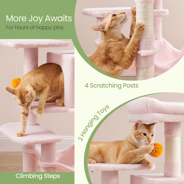 112 cm Cat Tree, Multi-Level Soft Plush Cat Tree, Cat Tower Condo with 4 Cat Scratching Posts, Hammock, Cave, Platform, Toys, Pink/White/Beige/Grey, Easy Assembly and Sturdy, Indoor Cat Furniture