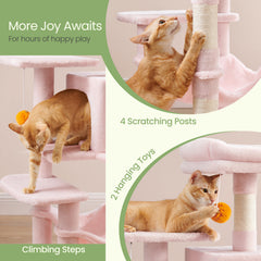 112 cm Cat Tree, Multi-Level Soft Plush Cat Tree, Cat Tower Condo with 4 Cat Scratching Posts, Hammock, Cave, Platform, Toys, Pink/White/Beige/Grey, Easy Assembly and Sturdy, Indoor Cat Furniture