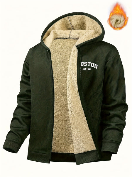 Men's Casual Zip-Up Hooded Jacket with Letter Print, Black & Beige Contrast, Regular Fit, Machine Washable, Front Pockets for Outdoor & Casual Attire