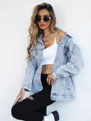 Loose-Fitting Women'S Denim Jacket with Holes
