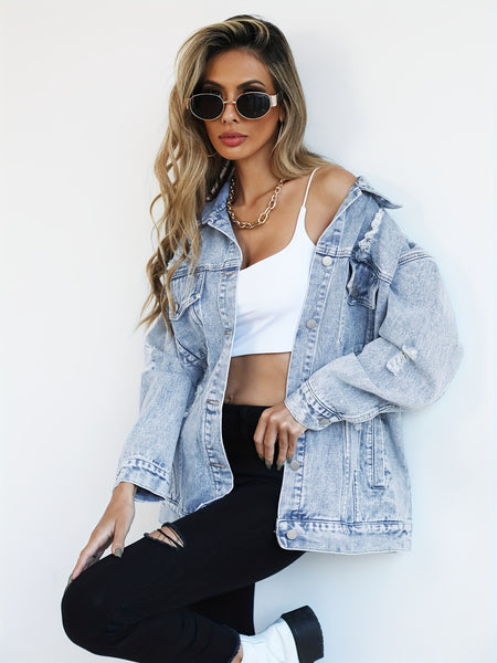 Loose-Fitting Women'S Denim Jacket with Holes