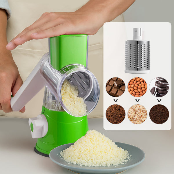 Rotary Vegetable Shredder 3 in 1 Rotary Cheese Grater Round Vegetable Mandoline Blades Handheld Fruit Vegetable Slicer Shredder for Fruit Nut and Vegetable Grate Green