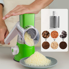 Rotary Vegetable Shredder 3 in 1 Rotary Cheese Grater Round Vegetable Mandoline Blades Handheld Fruit Vegetable Slicer Shredder for Fruit Nut and Vegetable Grate Green