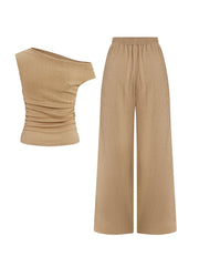 KatchMe Women's 2-Piece Outfit - Sloping Shoulder Top & Wide Leg Pants Set, Shirred Detail Matching Coord, Minimalist Solid Color Two Piece