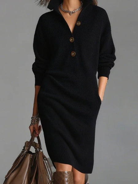 Solid Color Button- Collar Loose-Fit Dress - Straight Tube Mid-Length Dress Suitable for Office, Semi-Formal & Casual Attire - Machine Washable Dress