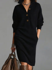 Solid Color Button- Collar Loose-Fit Dress - Straight Tube Mid-Length Dress Suitable for Office, Semi-Formal & Casual Attire - Machine Washable Dress