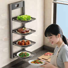 4-Tier Foldable Wall-Mounted Kitchen Prep Station & Space-Saving Shelf - Heavy-Duty Carbon Floating Shelves with Suction Cup Mount Suitable for Home & Restaurant Use, Foldable Organizer for Spice Rack, Dish Drying & Vegetable Prep