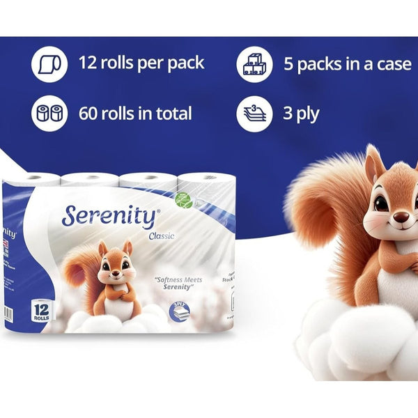Serenity Soft 3-Ply Quilted Toilet Tissues | Available in 60 or 72 Mega Value Packs | Made in the UK | Luxuriously Soft, Gentle & Strong Bulk Toilet Rolls, Hypoallergenic, Dermatologically Tested | Fast Dispatch from UK Seller