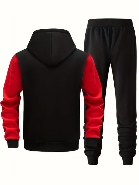 Men'S Bold Print Urban Streetwear Pullover Hoodie & Pants Set - Black & Red with 