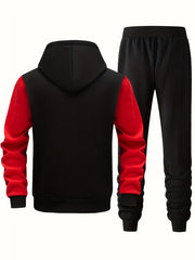 Men'S Bold Print Urban Streetwear Pullover Hoodie & Pants Set - Black & Red with 
