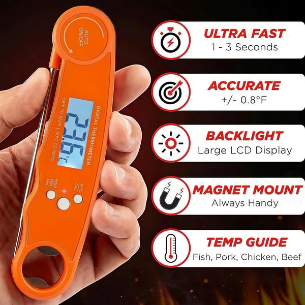 Alivio Instant Read Digital Meat Thermometer, 1–3s Fast, ±0.8°F Accuracy, Backlit LCD, Foldable Probe, BBQ & Cooking Tool (Pack of 1Pc)