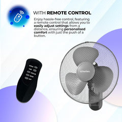 Schallen 16 Inch Wall Mounted Fan with Remote Control, Oscillating Cooling Fan 40cm, 3 Speed Settings, Timer Function, Quiet Wall Fan for Bedroom, Office, Kitchen, Garage, Home Cooling Fan UK, Adjustable Tilt Air Circulator, Energy Efficient Wall Fan Whit
