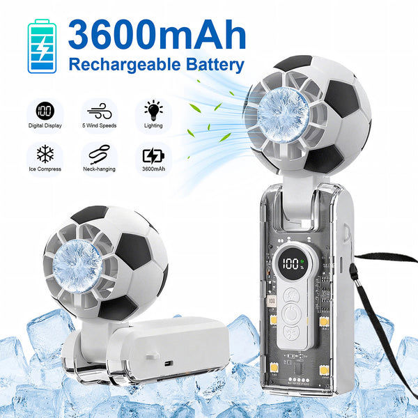 Portable Handheld Turbo Fan with Ice Cooler, 5-Speed Wind, Soccer-Shaped Mini Personal Fan, 3600Mah Football Rechargeable Pocket Fan for Travel/Outdoor/Office, 180° Adjustable