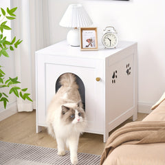 Cat Litter Box Enclosure, 54.86cm L Hidden Litter Box Furniture, Wooden Indoor Pet House With Front Arched Door, Side End Table, Nightstand For Living Room, Bedroom, White