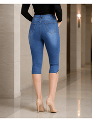 Women’s High Waisted Cropped Capri Jeans, Slim-Fit 3/4 Length Denim Trousers with Side Split Hem, Button Zip Casual Summer Jeans with Pockets
