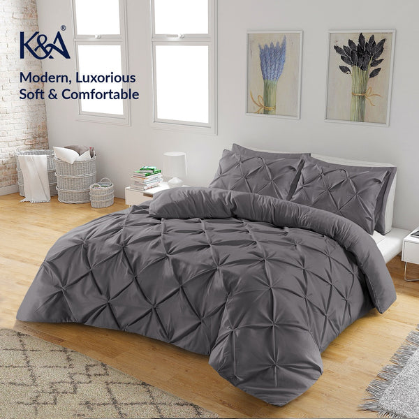 K&A® Pintuck Pinch Pleat Duvet Cover Set with Zipper Closure including Pillowcase – Ultrasoft Brushed Microfiber – Easy Care & Machine Washable