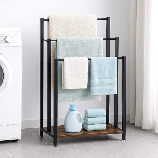 57X28X83CM Towel Rack Freestanding Towel Rack Industrial Metal 3-Bar Towel Rail with Storage Shelf Anti-Slip Feet Free Standing Towel Rail for Bathroom Drying Stand for Bath Hand Towels Quilt Blanket