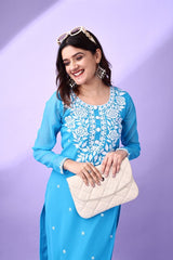 Estationeryhouse Women's Georgette Lucknowi chikankari kurti, Rose Design with Heavy Embroidery, Without Bottom