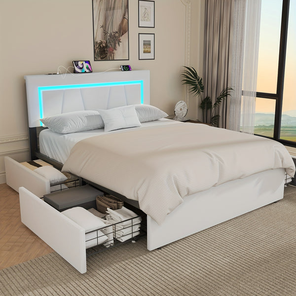 Upholstered Ottoman Bed/ 4 Drawer Storage Bed, 4ft6 Double Bed Frame with Storage & LED & USB, Gas Lift Up Storage Bed Hydraulic Upholstered Bed with Storage Headboard&Slats, Linen, No Mattress, Grey (Optional Purchase Of Mattress)