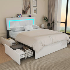 Upholstered Ottoman Bed/ 4 Drawer Storage Bed, 4ft6 Double Bed Frame with Storage & LED & USB, Gas Lift Up Storage Bed Hydraulic Upholstered Bed with Storage Headboard&Slats, Linen, No Mattress, Grey (Optional Purchase Of Mattress)