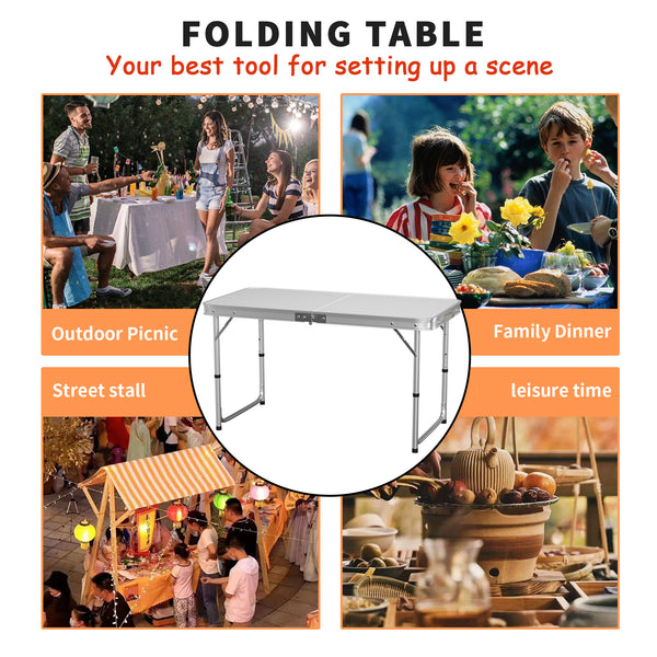 4FT Heavy Duty Folding Table Adjustable Height Pop-Up Trestle Table - 120x60x70/62/55cm, Waterproof Camping Table with Carry Handle for Indoor Outdoor Kitchen Campervan Picnic Work Top Table