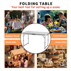 4FT Heavy Duty Folding Table Adjustable Height Pop-Up Trestle Table - 120x60x70/62/55cm, Waterproof Camping Table with Carry Handle for Indoor Outdoor Kitchen Campervan Picnic Work Top Table