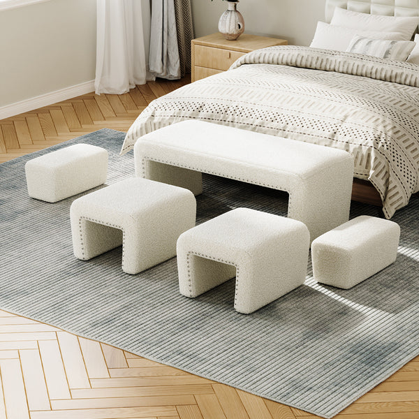 Boucle Fabric Bed End Stool 5-piece Set, Leisure Changing Shoes Stool, 5 Combination Stools, Sofa Footrest, Soft and Comfortable Bedside Bench, Suitable for Living Room Bedroom Rest Room