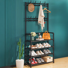 Large Capacity Coat Rack Stand, Metal Hall Tree with 8 Hooks Bag Hat Hanger and Non Woven Fabric Shoe Shelves, Modern Clothes Rack, Versatile 4 Tiers Shoe Rack Bench with Metal Frame for Entryway Hallway Living Room Clothes Drying Rack