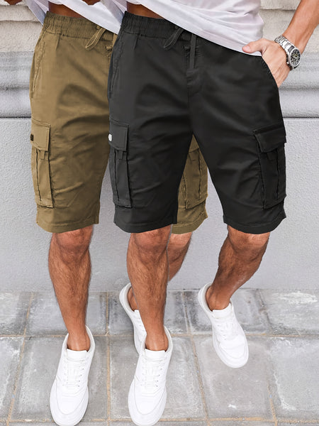 2pcs Men'S Cargo Shorts, Drawstring Waist Multi-Pocket Men'S Shorts