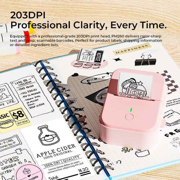 PM260B Portable Wireless Thermal Label Maker - 203DPI HD Printing, 1200mAh Long Battery, Auto-Calibration, Compatible with Mobile & Computer Systems, for Home Storage / Office Organization / Personal Item Sorting (Labels Included)