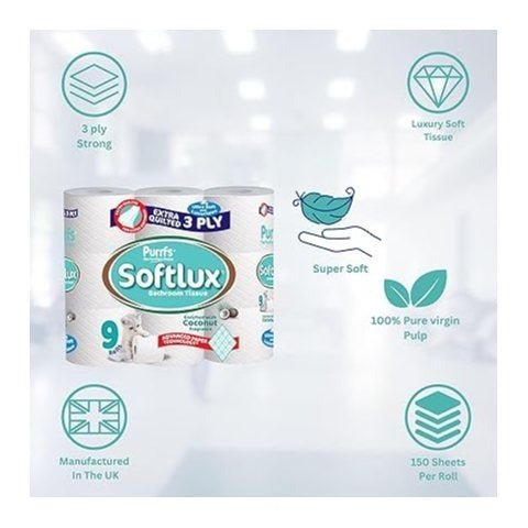 90 Softlux Coconut Fresh Scented 3 Ply Strong Absorbent White Tissue Toilet Rolls
