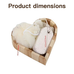 Boxed Heart-Shaped Bath Set - A wooden spa gift kit for bathrooms, featuring a heart-shaped wooden bucket. Includes a loofah, pumice stone, massager, and brush. This natural relaxation and body care kit is ideal for home use and bathroom decoration.