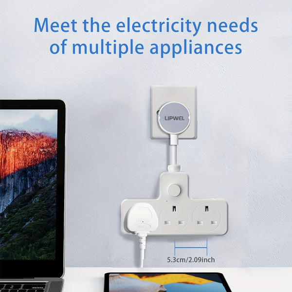 LIPWEL UK Plug Extension Socket with 3 AC Outlets & 2 USB Ports, Flame Retardant Material, Pure Copper, Power Switch & Indicator Light, 3120W/13A, Wall-Mountable for Home Office Dorm - White, Plug Outlet Extender, Workspace Organization, Sleek Design, Saf