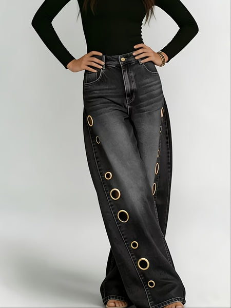 New Retro Style Denim Jeans for Women, with Metal Eyelets Designed for Casual And Loose Fit, High Waisted And Wide Leg Jeans, Street Cool Women'S Clothing, Black Retro Blue Light Blue Women'S Straight Leg Denim Pants