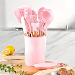 12pcs Silicone Kitchen Cooking Utensils Set with Wood Handle - Reusable Tableware Set for Camping, Picnic, Home, Party And Dinner