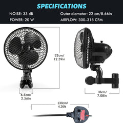 Mini Fan for Grow Tents & Hydroponics | 22cm Clamp Fan with EC Motor, 2 Speed Levels, Quiet Operation, Plastic, British Specification Plug
