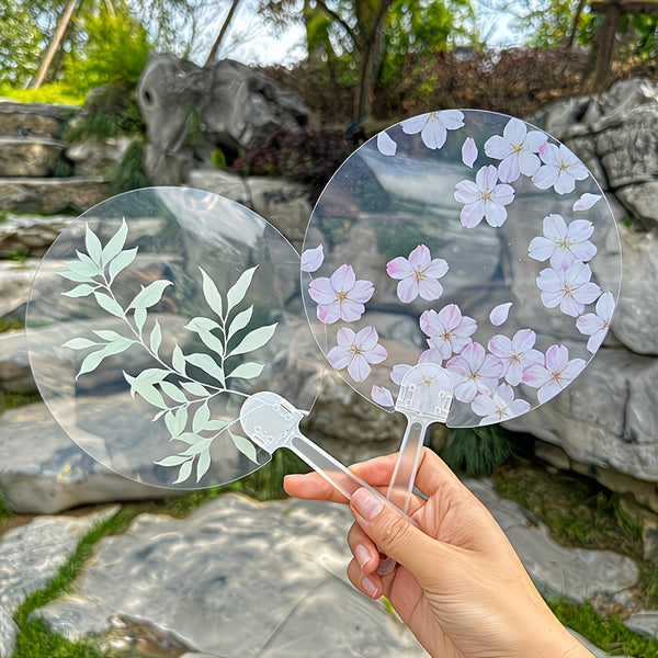 30pcs Elegant Floral Hand Fans, Craft with Plastic Handle, Pink Cherry Blossom And Green Leaves Design for Weddings, Music Festivals, Outdoor Events, Parties