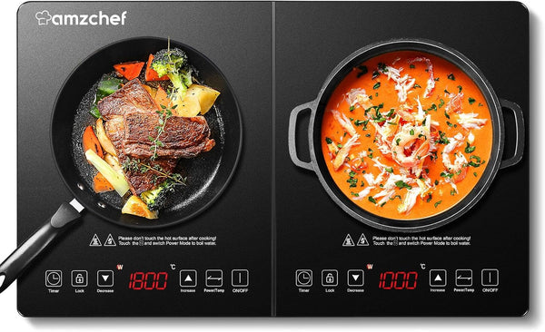 AMZCHEF Single Induction Cooker, Ultra-Thin Induction Hob with Fashion Look, 10-Level Power and Temperature Control, Black Frosted Glass Panel, Touch Sensor, 3-Hour Timer, Safety Lock