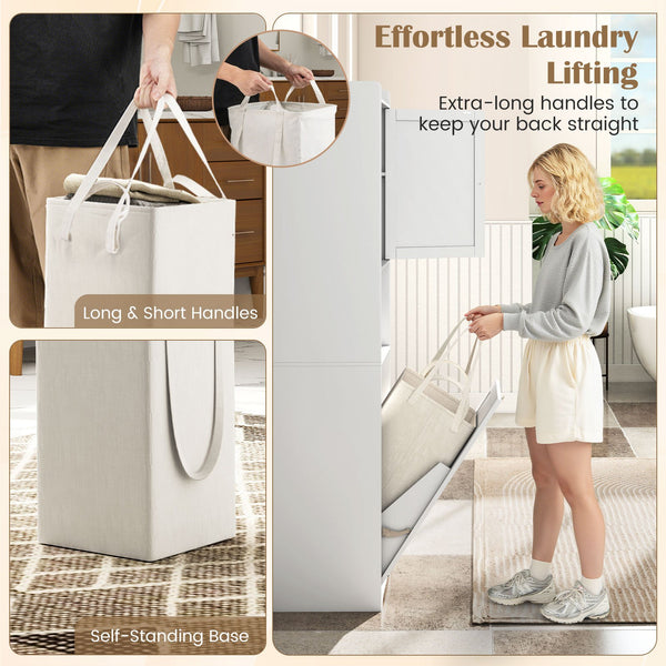 GYMAX 170 CM Bathroom Cabinet, Tall & Slim Linen Tower with Storage, Adjustable Shelf, Laundry Bag with Long & Short Handles, Open Shelf, Freestanding Laundry Cabinet, White