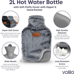 Hot Water Bottle - 2L Hot Water Bottle for Pain Relief, Hand and Foot Warmer - Luxury, Soft and Washable Hot Water Bag for Hot and Cold