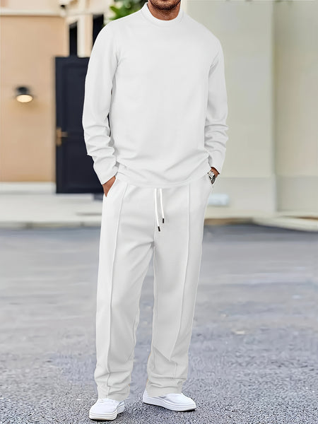 Men'S 2pcs Solid Color Waffle Casual Set, Long-Sleeved Round Neck Pullover Sweatshirt And Solid Color Drawstring Pants, Chic And Comfortable Casual Set, Suitable for Men'S Daily Casual Wear, Vacation Wear, Spring And Autumn Men'S Clothing