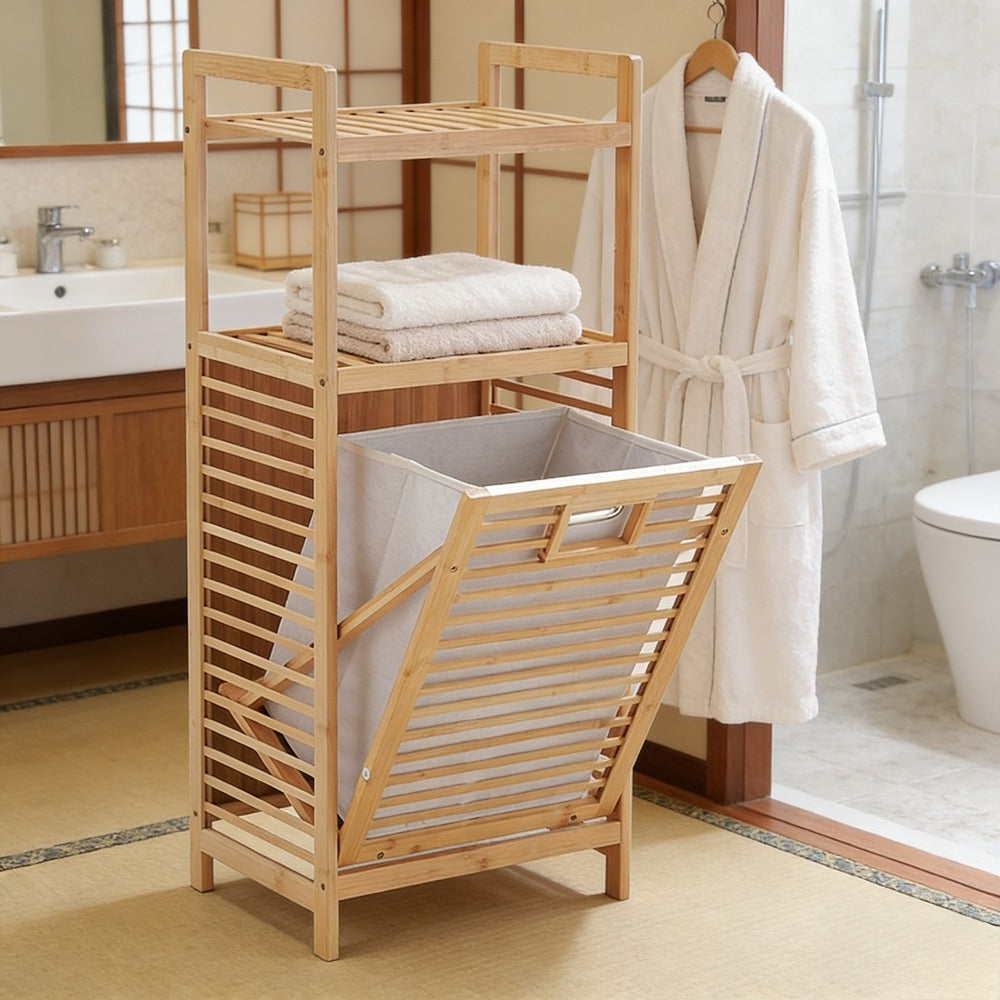 Tilt Out Laundry Hamper, Bamboo Laundry Basket with Foldable Bag and 3 Open Shelves, Freestanding Clothes Storage Organizer for Bedroom, Bathroom, Living Room