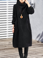 Women'S Elegant Corduroy Dress - Long Sleeve Turtleneck Loose Fit Winter Warm Dress with Pockets, Solid Color (Navy/) - Cozy Fall/Winter