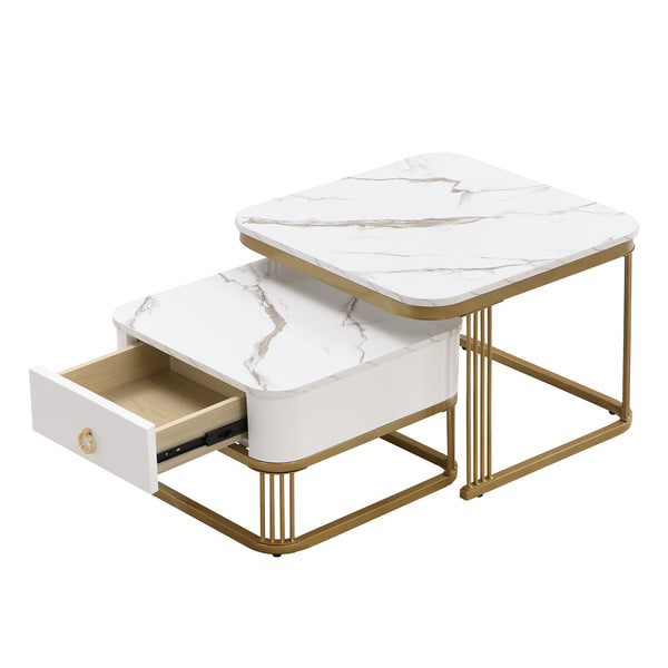 Modern Pedestal Base Space Saving Coffee Table Set of Two, Engineered Wood and Artificial Board Construction, Hardwood, Black Finish, High Gloss Stone Table Top, Metal Golden Accents, with Drawer, Without Electricity, Battery Free.