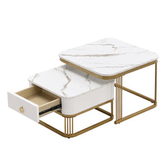 Modern Pedestal Base Space Saving Coffee Table Set of Two, Engineered Wood and Artificial Board Construction, Hardwood, Black Finish, High Gloss Stone Table Top, Metal Golden Accents, with Drawer, Without Electricity, Battery Free.