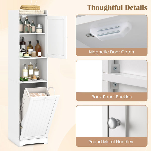 GYMAX 170 CM Bathroom Cabinet, Tall & Slim Linen Tower with Storage, Adjustable Shelf, Laundry Bag with Long & Short Handles, Open Shelf, Freestanding Laundry Cabinet, White