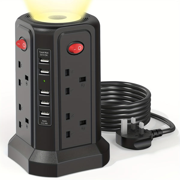 Upgraded New Product Tower Extension Lead with USB Slots 3.02m, 20W Fast Charger with Night Light, (13A 3250W)5 USB Ports & 8 Way, Surge Protected Extension Lead with 4 Independent Switch, Extension Cable for Home Office for Business for Factory