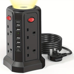 Upgraded New Product Tower Extension Lead with USB Slots 3.02m, 20W Fast Charger with Night Light, (13A 3250W)5 USB Ports & 8 Way, Surge Protected Extension Lead with 4 Independent Switch, Extension Cable for Home Office for Business for Factory